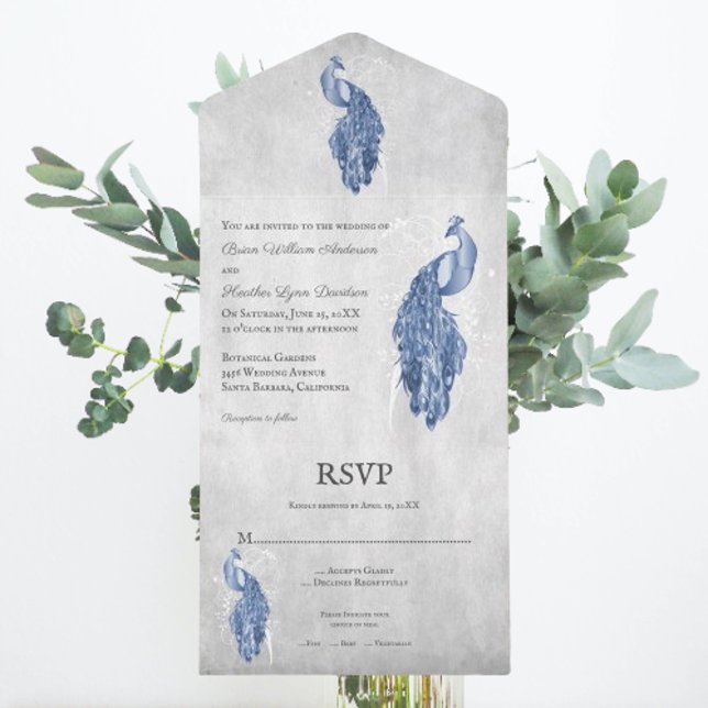 Blue Peacock Wedding All In One Invitation (Blue Peacock All in One Wedding Invite)