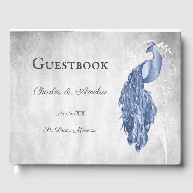 Blue Peacock Wedding Guest Book (Front)