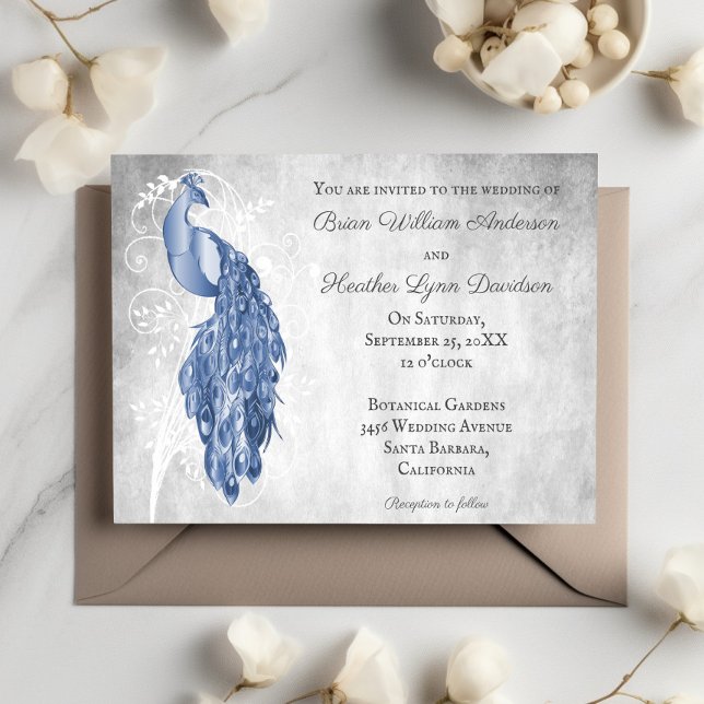 Blue Peacock White Botanical Wedding Invitation (Blue Peacock Wedding Invitation)