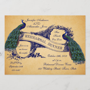 Blue Peacocks Vintage Rehearsal Dinner Invitation