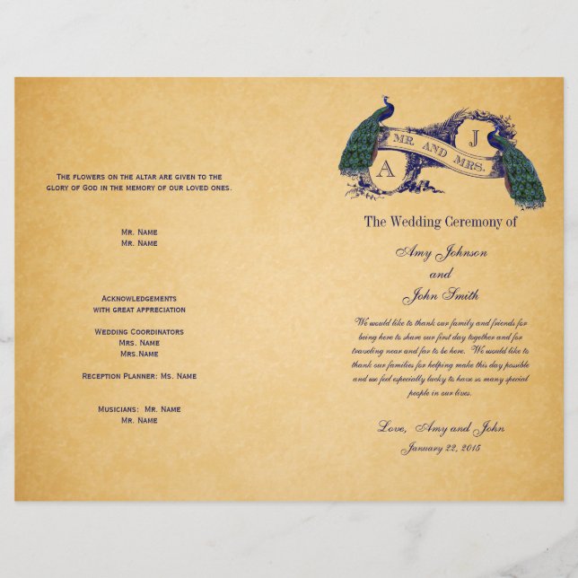 Blue Peacocks Vintage Wedding Program (Front)