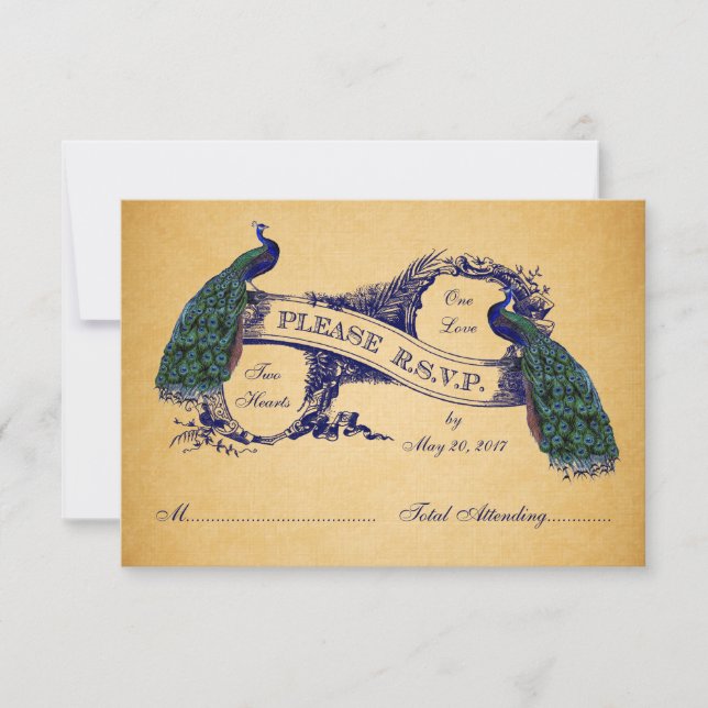 Blue Peacocks Vintage Wedding RSVP CARD (Front)