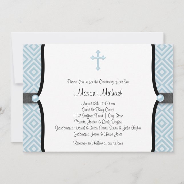 Blue Pearl Cross Black Blue Christening Invitation (Front)
