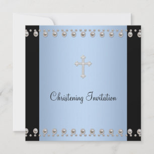 Blue Pearl Cross Black Blue Christening Invitation