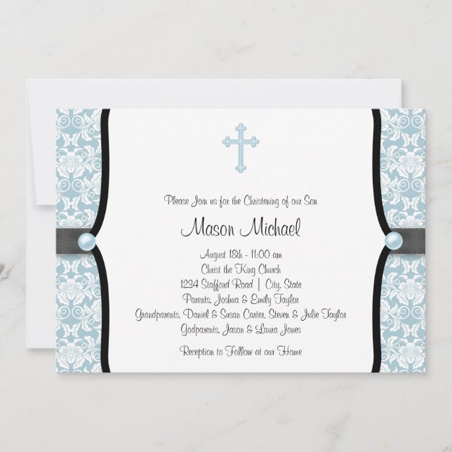 Blue Pearl Cross Blue Black Damask Christening Invitation (Front)