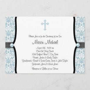 Blue Pearl Cross Blue Black Damask Christening Invitation