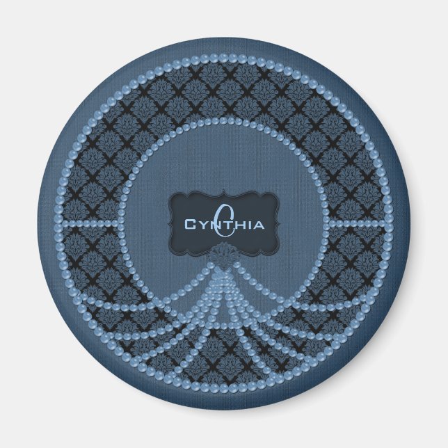 Blue Pearl Damask-Round Magnet (Front)
