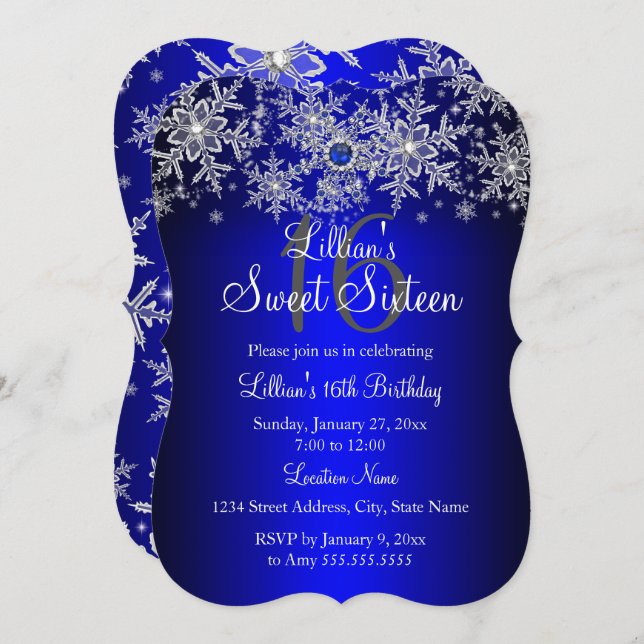 Blue Pearl Silver Snowflake Sweet 16 Invitation (Front/Back)