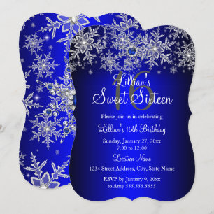 Blue Pearl Silver Snowflake Sweet 16 Invitation