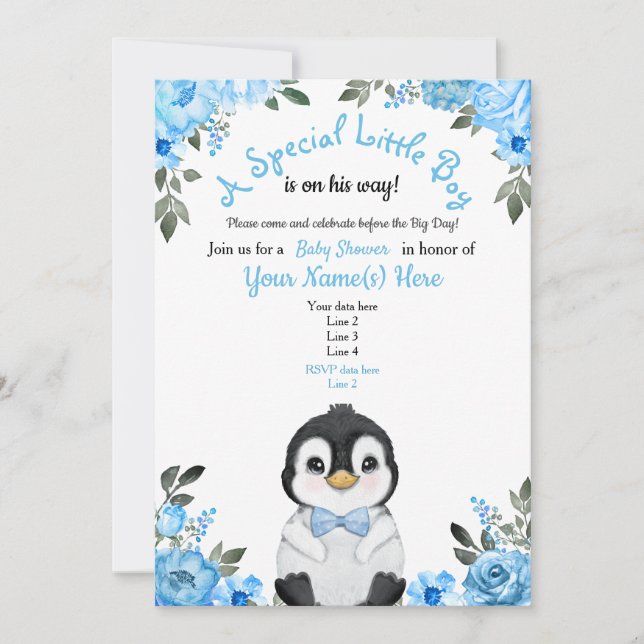 Blue Penguin Baby Shower Invitation Floral (Front)