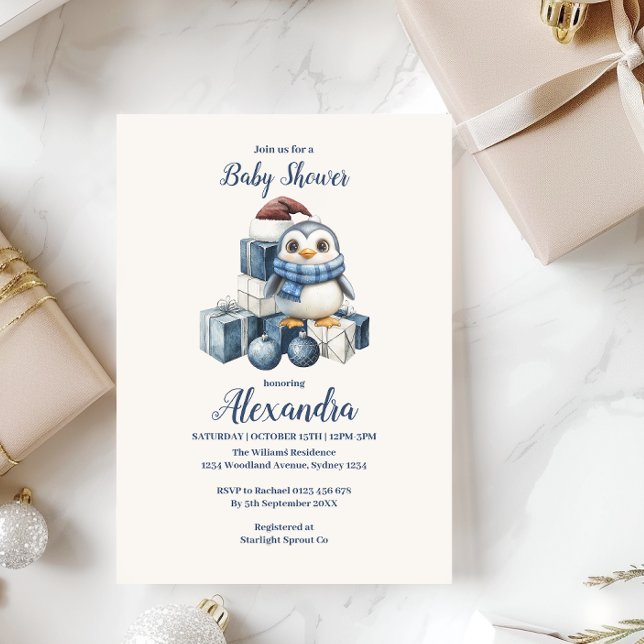 Blue Penguin Christmas Baby Shower Invitation (Creator Uploaded)