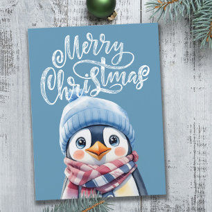 Blue Penguin Christmas Holiday Postcard for Kids