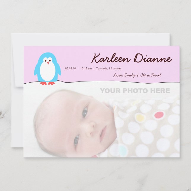 Blue Penguin Pink Sky Birth Announcement (Front)