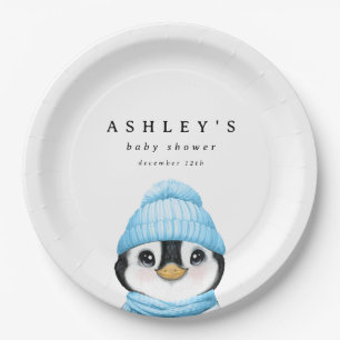Blue Penguin Winter Baby Shower Paper Plate