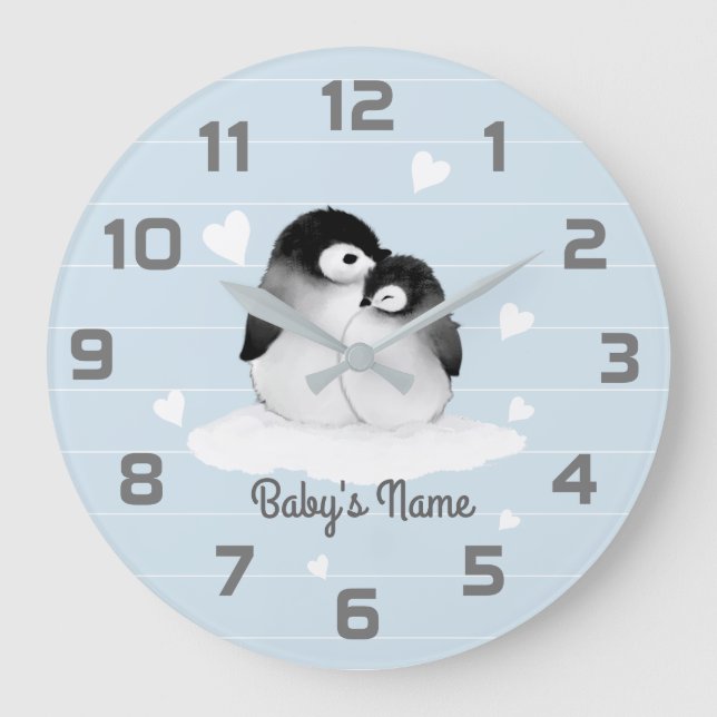 Blue Penguins Heart Nursery Decor Wall Clock (Front)