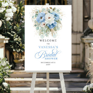 Blue Peonies and Gold Bridal Shower Welcome Poster