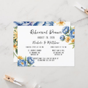 Blue Peonies and Yellow Daisies Rehearsal Dinner Invitation