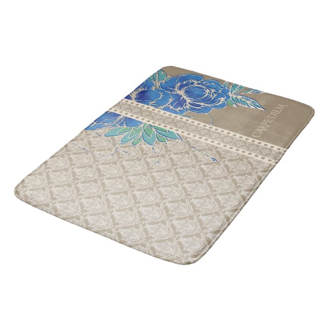 BLUE PEONIES & DAMASK ~ Bath Mat (Angled)