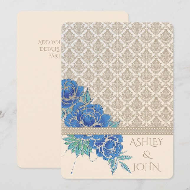 BLUE PEONIES & DAMASK ~ Invitation Card (Front/Back)