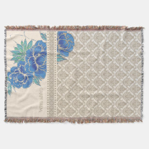 BLUE PEONIES & DAMASK - Throw Blanket