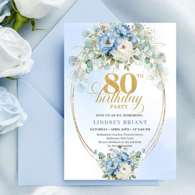 Blue Peonies Eucalyptus Greenery Gold 80th Invite (Blue Peonies Eucalyptus Greenery Gold 80th Invite)