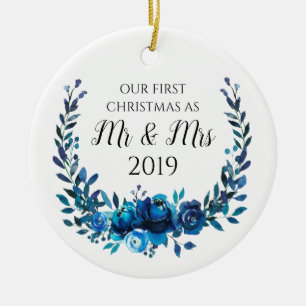 Blue Peonies First Christmas as Mr & Mrs Ceramic Tree Decoration