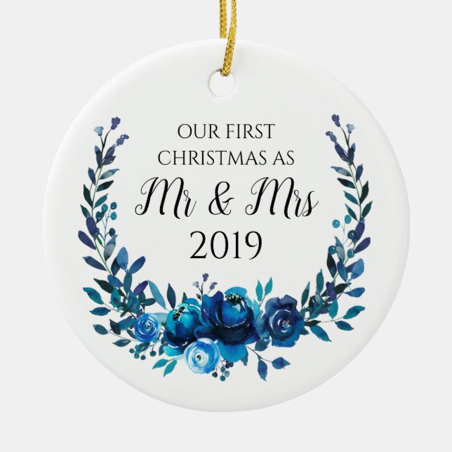 Blue Peonies First Christmas as Mr & Mrs Ceramic Tree Decoration (Front)