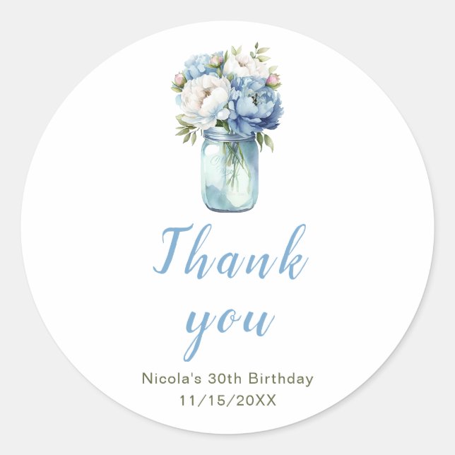 Blue Peonies Mason Jar Birthday Classic Round Sticker (Front)