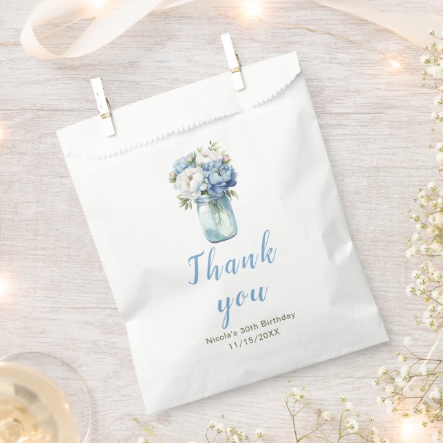 Blue Peonies Mason Jar Birthday Favour Bags (Clipped)