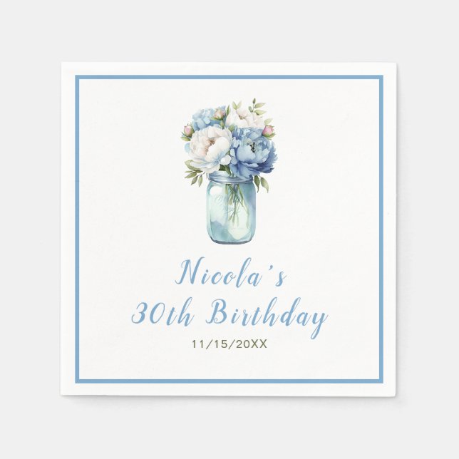 Blue Peonies Mason Jar Birthday Napkin (Front)