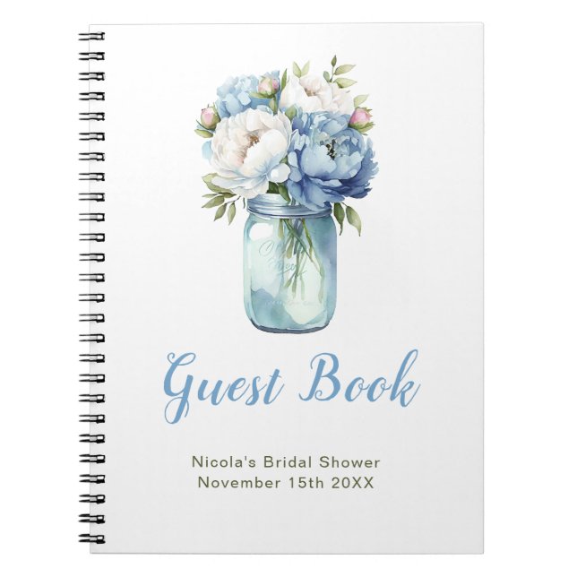 Blue Peonies Mason Jar Bridal Shower Guest Book (Front)