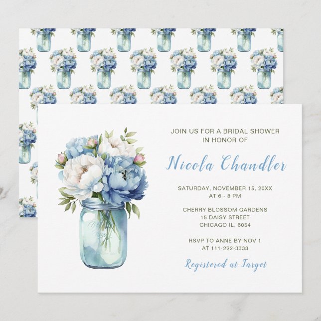 Blue Peonies Mason Jar Bridal Shower Invitation (Front/Back)
