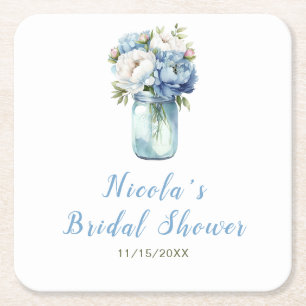Blue Peonies Mason Jar Bridal Shower Square Paper Coaster