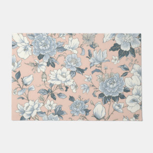 Blue Peonies Peach Botanical Vintage Floral Doormat