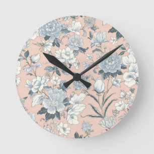 Blue Peonies Peach Botanical Vintage Floral Round Clock