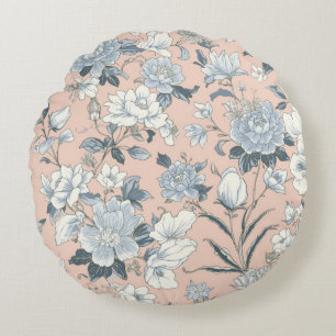 Blue Peonies Peach Botanical Vintage Floral Round Cushion