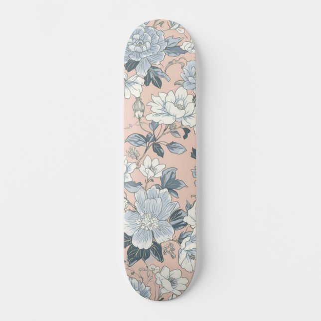 Blue Peonies Peach Botanical Vintage Floral Skateboard (Front)