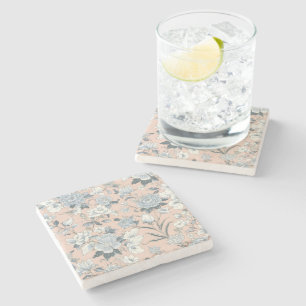 Blue Peonies Peach Botanical Vintage Floral Stone Coaster