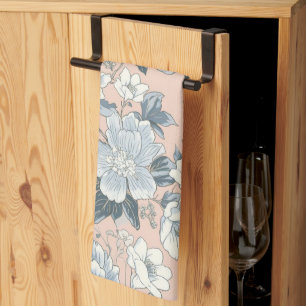 Blue Peonies Peach Botanical Vintage Floral Tea Towel