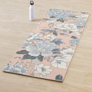 Blue Peonies Peach Botanical Vintage Floral Yoga Mat