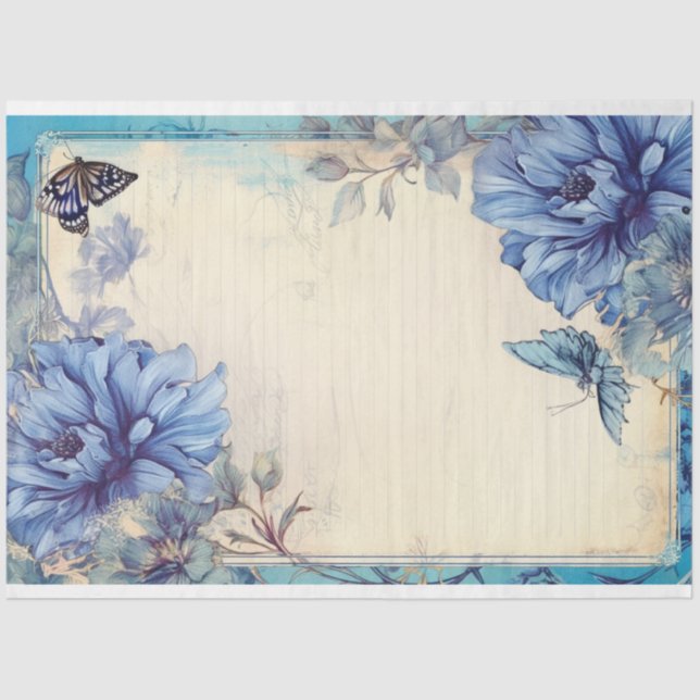 Blue peony and butterfly ephemera  tissue paper (Front)