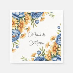 Blue Peony and Yellow Daisies Arrangement Wedding Napkin