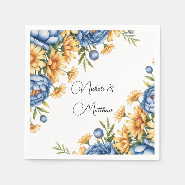 Blue Peony and Yellow Daisies Arrangement Wedding Napkin (Front)