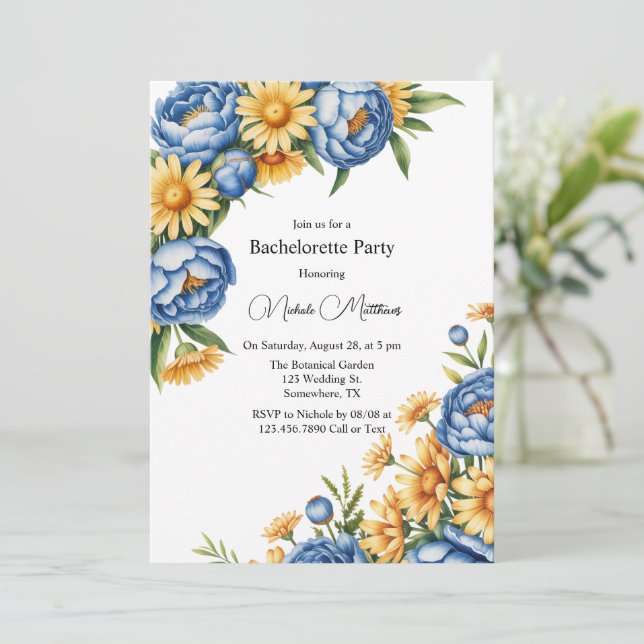 Blue Peony and Yellow Daisies Bachelorette Party Invitation (Standing Front)