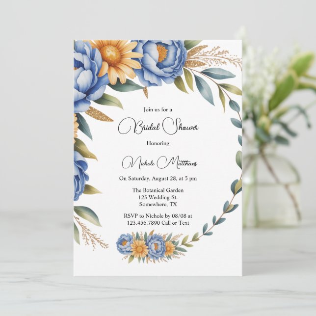 Blue Peony and Yellow Daisies Bridal Shower Invitation (Standing Front)