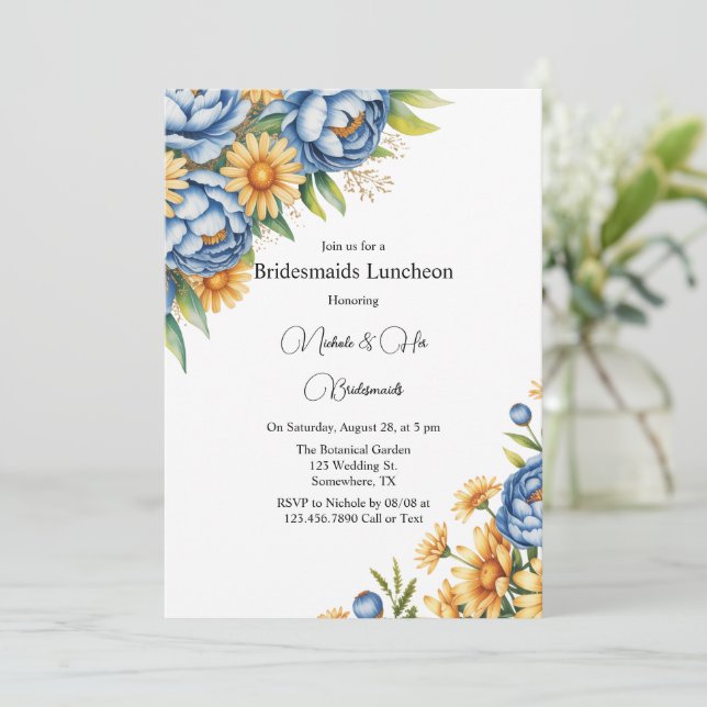 Blue Peony and Yellow Daisies Bridesmaids Luncheon Invitation (Standing Front)