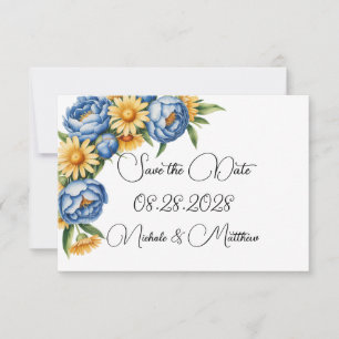 Blue Peony and Yellow Daisies Wedding Save The Date