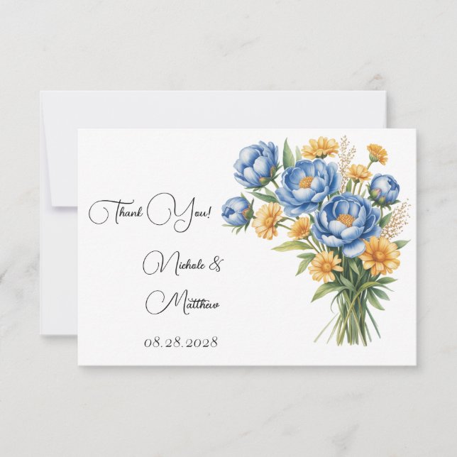 Blue Peony and Yellow Daisies Wedding Thank You Card (Front)