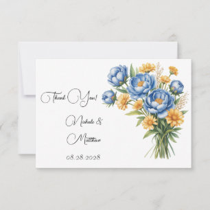 Blue Peony and Yellow Daisies Wedding Thank You Card