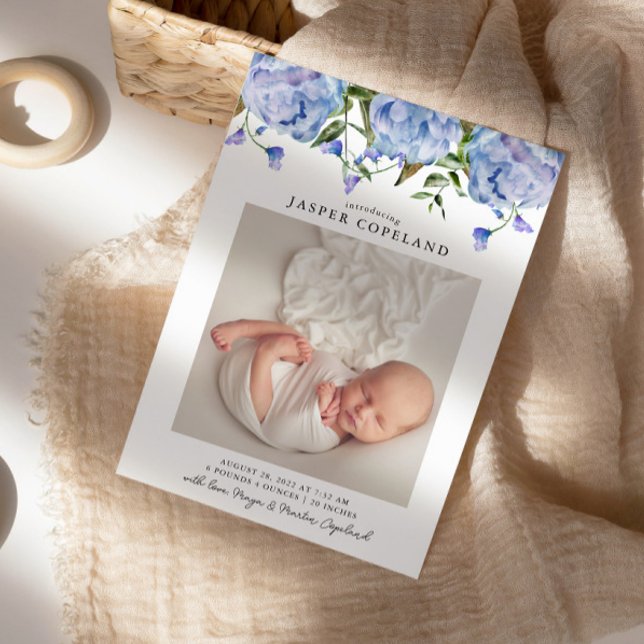 Blue Peony Baby Photo Birth Announcement (Creator Uploaded)